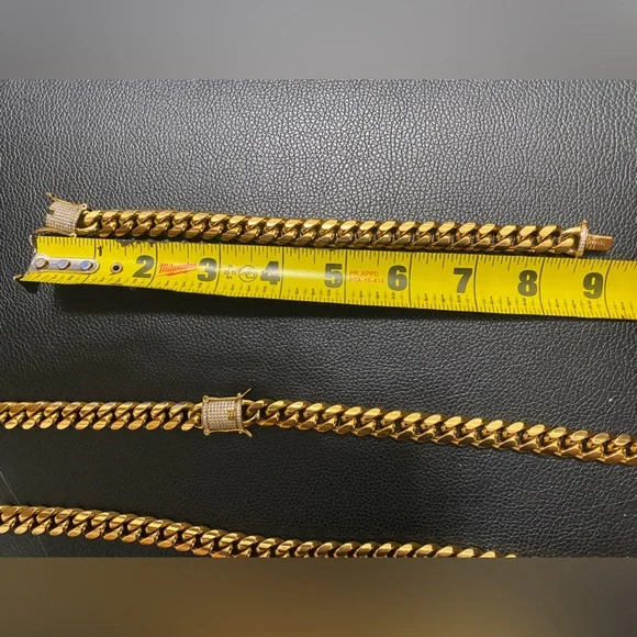 18k CUBAN LINK CHAIN AND BRACELET 18k GOLD PLATED 30" 9.5mm - Picture 6 of 16